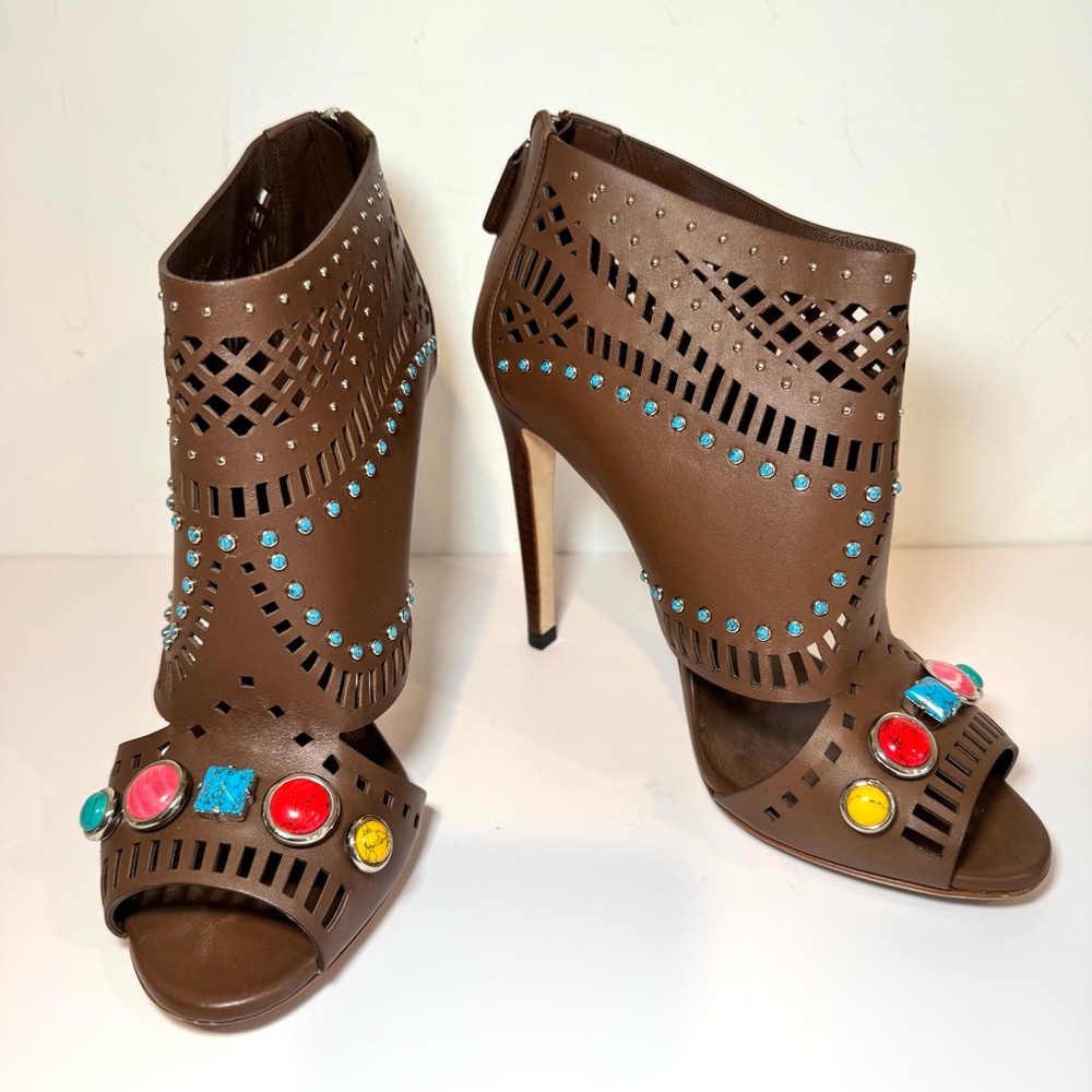 Gucci Lika Brown Leather Cutout Embellished Open Toe Bootie Sandal, Sz 38.5 - Picture 2 of 16